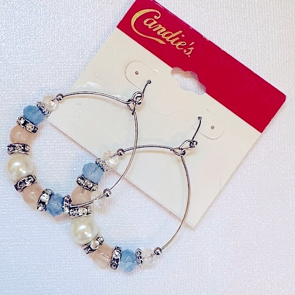 CANDIE'S Earrings Hoop Bead Crystal & Faux Pearl Large Oval Statement Bohemian - Picture 2 of 5